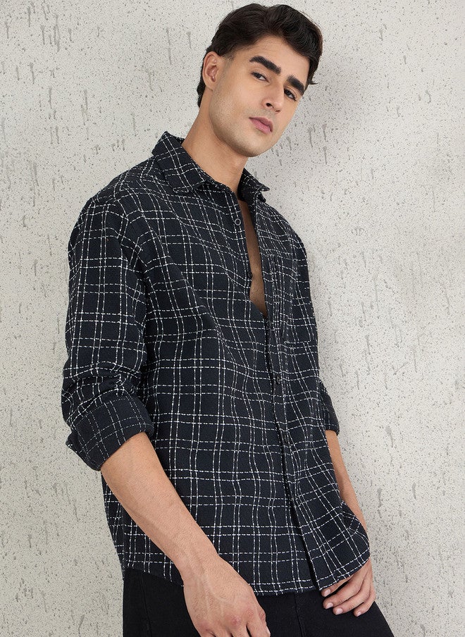 CHIMPAAANZEE Men Oversized Fit Checked Spread Collar Casual Shacket - Image 5